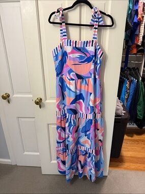Colorful Abstract Print Tie-Shoulder Maxi Dress